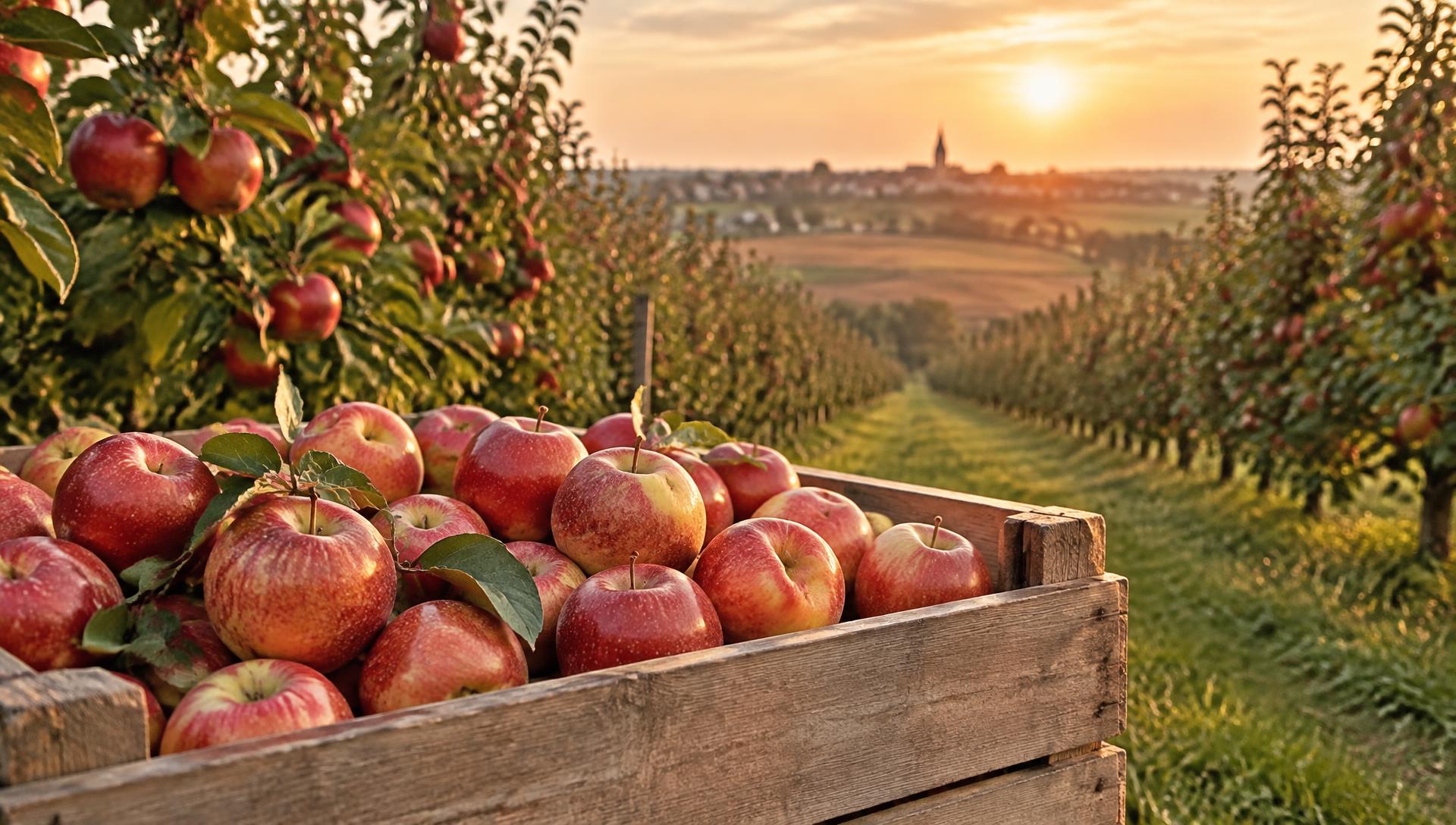 Crate of fresh red Polish apples in an orchard at sunset