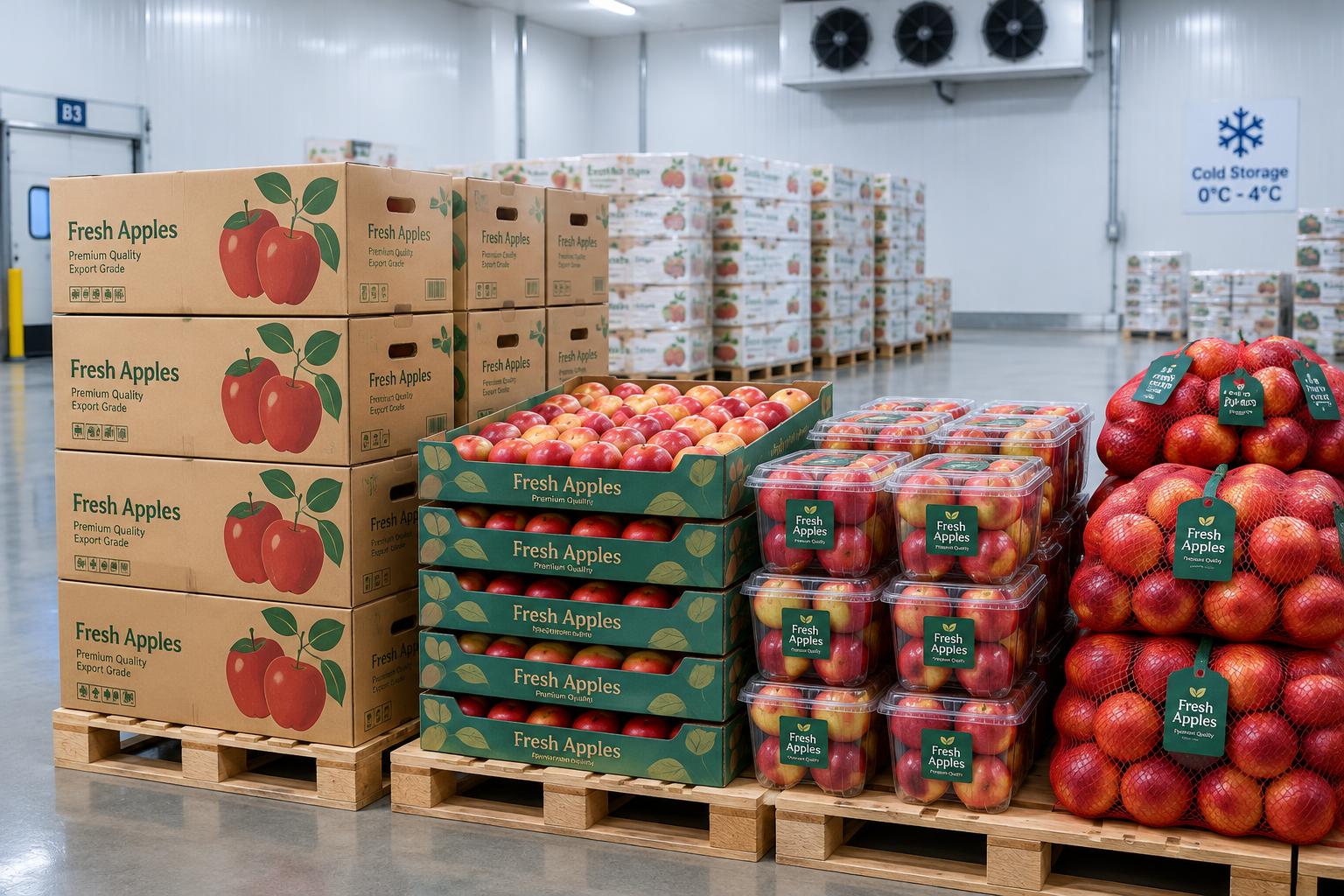 Apple export cartons, trays, punnets and net bags on pallets